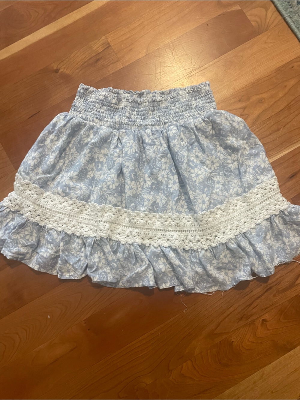 Ocean Drive Light Blue Floral Smocked Waist Crochet Trim Skirt
